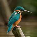 AI generated image of a blue bodied Kingfisher perched on a water body