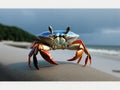 AI generated image of a Blue crab walking on the sand of a beach