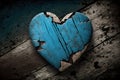 ai generated image with a blue damaged wooden heart on a rusticle wood background , generative ai