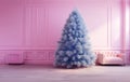 AI Generated Image. Blue fluffy Christmas tree in a pink interior