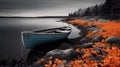 Blue wooden boat on rocky lake shore with orange autumn leaves and gray rocky forest Royalty Free Stock Photo