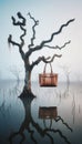 Misty Marshland with Branded Handbag on Twisted Tree. AI Generated