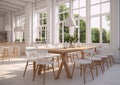 Bright airy minimalist dining room with large windows and a wooden table