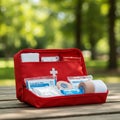 AI Generated Bright Yellow First Aid Kit Open on Bench with Medical Supplies Royalty Free Stock Photo