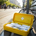 AI Generated Bright Yellow First Aid Kit Open on Bench with Medical Supplies Royalty Free Stock Photo