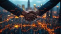 businessmen shaking hands in front of cityscape, making a deal, double exposure Royalty Free Stock Photo