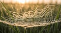 Morning dew glistening on an intricate spider web in a grassy fi Royalty Free Stock Photo