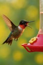 Hummingbird Flying Toward Feeder With Open Wings In Soft Natural Light Royalty Free Stock Photo