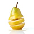 AI-Generated Image of a Pear Sliced in Half and Again, Showing Yellow and Green Layers