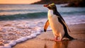 Penguin Walking Along Sandy Beach At Sunset With Ocean Waves And Warm Golden Light Royalty Free Stock Photo