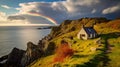 Seaside Serenity: Cottage on Irish Cliff Beneath a Radiant Rainbow