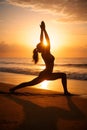 Powerful Sunset Beach Yoga Pose With Strong Silhouette And Golden Horizon Light Royalty Free Stock Photo