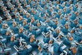 Photographing rows of identical robotic arms assembling electronic components in a high-tech manufacturing facility.
