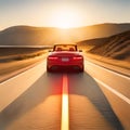 Red convertible car driving on a road into the sunset Royalty Free Stock Photo