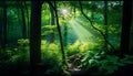 Radiant Sunbeams Illuminate Verdant Forest, Made with Generative AI