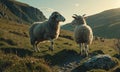 two sheep standing on grassy hill Royalty Free Stock Photo