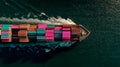 Aerial view of cargo container ship in deep blue ocean Royalty Free Stock Photo