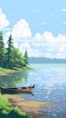 Cartoon lake and boat in the summer