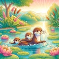 Family of Otters Enjoying a Serene River Journey at Sunrise