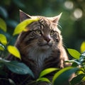 AI generated image of a cat posing from amongst the leaves