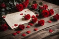 Valentine week Background of a romantic setting with red roses, a love letter, and small heart shapes on a wooden surface. Royalty Free Stock Photo