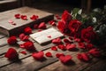 Valentine week Background of a romantic setting with red roses, a love letter, and small heart shapes on a wooden surface. Royalty Free Stock Photo