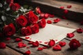 Valentine week Background of a romantic setting with red roses, a love letter, and small heart shapes on a wooden surface. Royalty Free Stock Photo