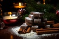 AI Generated Image. Christmas Chocolate dominoes with powdered sugar cinnamon sticks