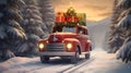 Christmas decorated red vintage car carrying tree gifts in a winter forest covered with snow in sunset backlight Royalty Free Stock Photo