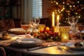 AI generated image. Christmas dinner table setting decorated with candles and Christmas ornament Royalty Free Stock Photo