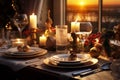 AI generated image. Christmas dinner table setting decorated with candles and Christmas ornament Royalty Free Stock Photo