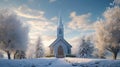 Church in winter forest with snow and trees.