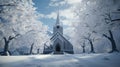 Church in winter forest with snow and trees.