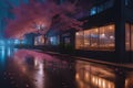 Ai generated image of city roadside, completely transformed by the presence of dazzling neon lights