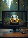 AI Generated Clever Abstract Moody Yellow Beetle Car in a Forest In a Computer Screen Royalty Free Stock Photo