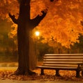 the close shot of the wooden bench beside huge autumn tree with falling leaves with bokeh background