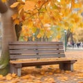 the close shot of the wooden bench beside huge autumn tree with falling leaves with bokeh background