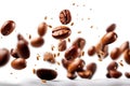 Ai generated image of coffee beans flying over white Royalty Free Stock Photo