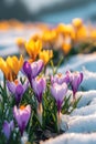 Colorful crocus flowers and grass growing from the melting snow and sunshine. Royalty Free Stock Photo