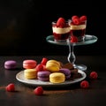AI-Generated Image of Colorful Macarons and Fresh Raspberries on a Tiered Platter Royalty Free Stock Photo