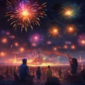 AI generated image of colourful fireworks with people enjoying the same