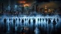 commuters walking to the big city at night, silhouettes, backlight, mystical fog Royalty Free Stock Photo