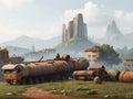 AI generated image consisting of long tankers and storage barrels in a countryside area