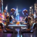 A couple of shiny robots enjoying a snack sitting at a table against a futuristic city, at night
