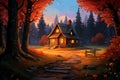 A cozy cabin in the woods vector fall background