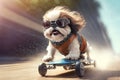 Crazy fluffy dog in googles riding skateboard Royalty Free Stock Photo