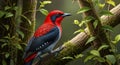 AI Generated image of AI-Generated Crimson bird perched on a mossy branch in a lush forest setting Royalty Free Stock Photo