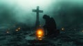 Cross in the light with a man kneeling in front of it. Dark, foggy landscape.