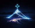 Cross on top of mountain with glowing rays on dark background. Religion concept