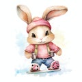 cute bunny with Hockey Skates watercolor illustration